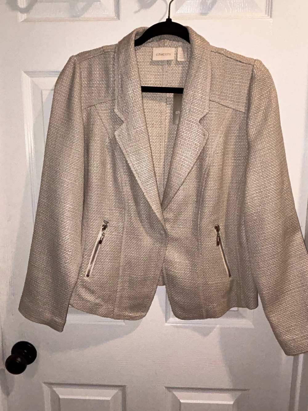 Chico's Cream Open-Front Textured Blazer with Zip Pockets